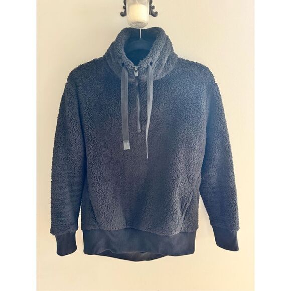 Athleta Pullover Womens XS Black Deep Pile Fleece 1/4 Zip Preppy Drawstring - Picture 8 of 9